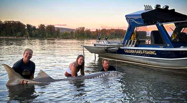 Group of people in the water holding the sturgeon they just caught in a river