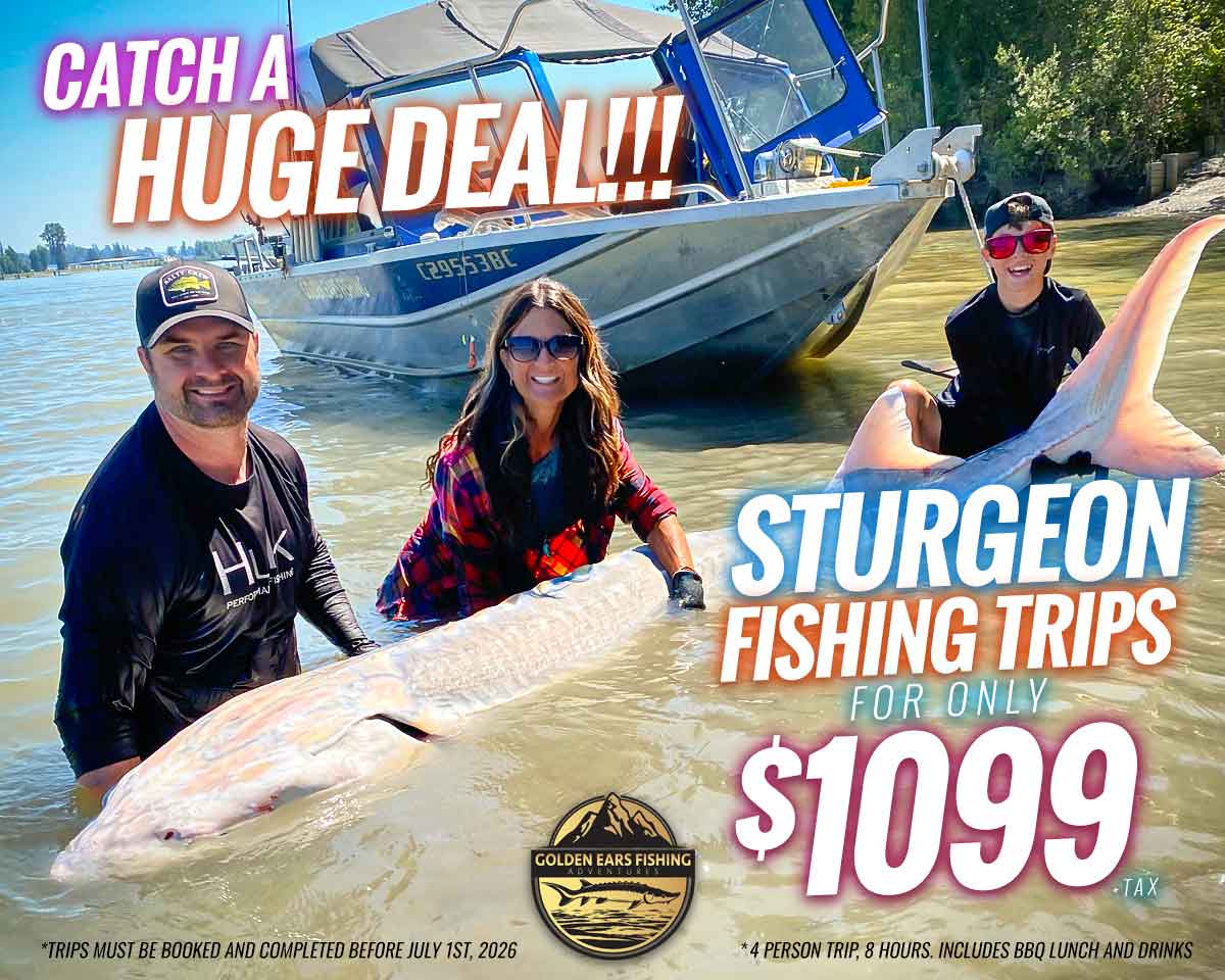 Family posing with a sturgeon caught in the Fraser River